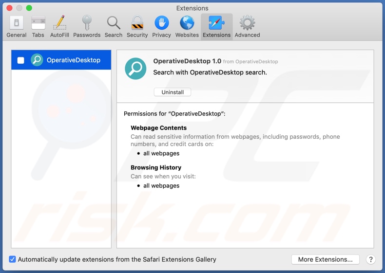 OperativeDesktop adware installed onto Safari