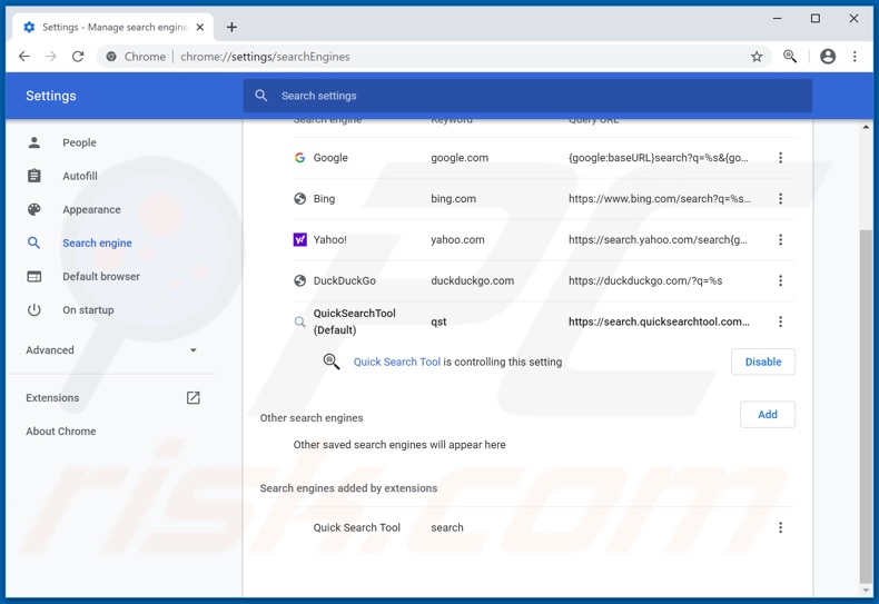 Rimozione di quicksearchtool.com dal motore di ricerca predefinito di Google Chrome