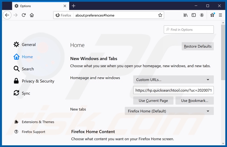 Rimozione di quicksearchtool.com dalla home page di Mozilla Firefox