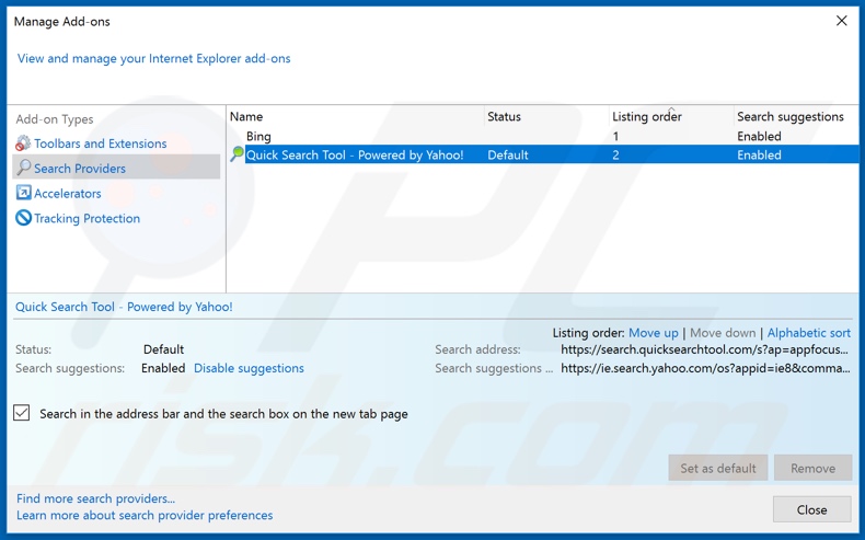 Rimozione di quicksearchtool.com dal motore di ricerca predefinito di Internet Explorer