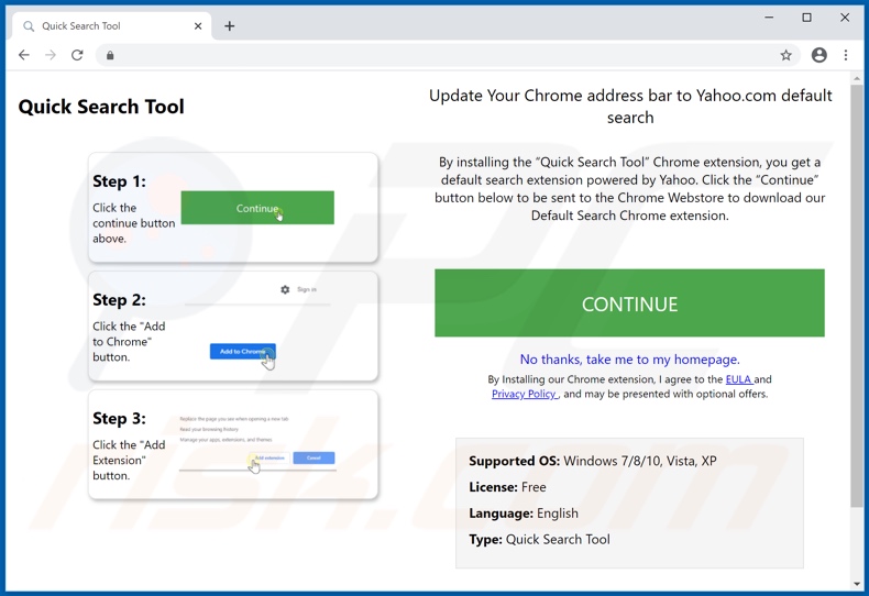 Sito web che promuove il dirottatore del browser Quick Search Tool