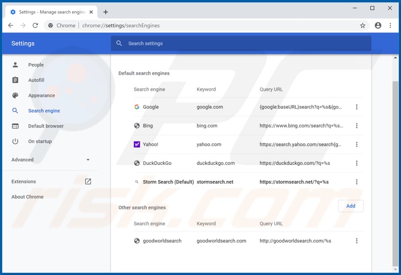 Rimozione di stormsearch.net dal motore di ricerca predefinito di Google Chrome