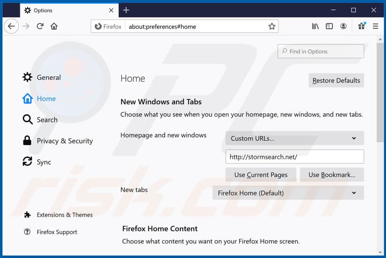 Rimozione di stormsearch.net dalla home page di Mozilla Firefox