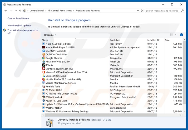 Disinstallazione del dirottatore del browser stormsearch.net tramite il pannello di controllo