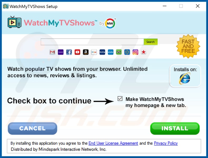 Official WatchMyTVShows browser hijacker installation setup