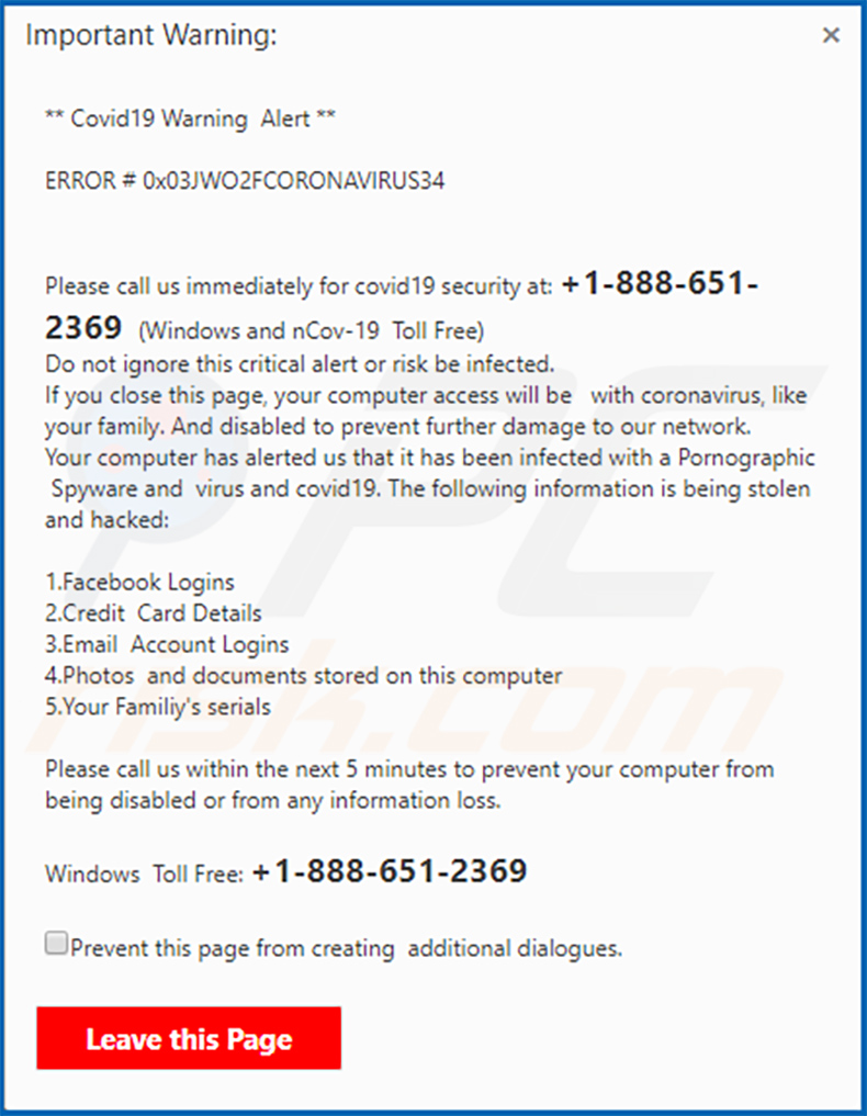 Covid19 Warning Alert pop-up scam