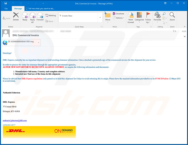 Esempio di un'e-mail di spam a tema DHL Express che viene utilizzata per diffondere il malware AgentTesla