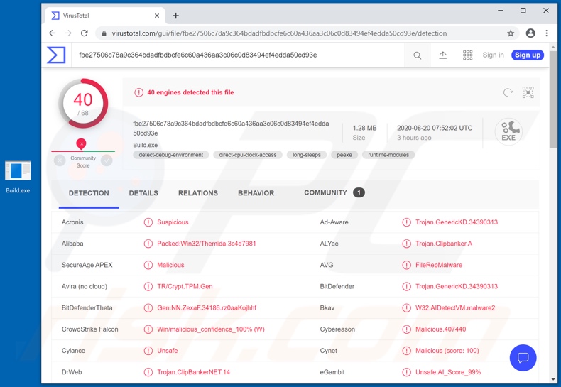 Rilevamenti di malware E-Clipper su VirusTotal