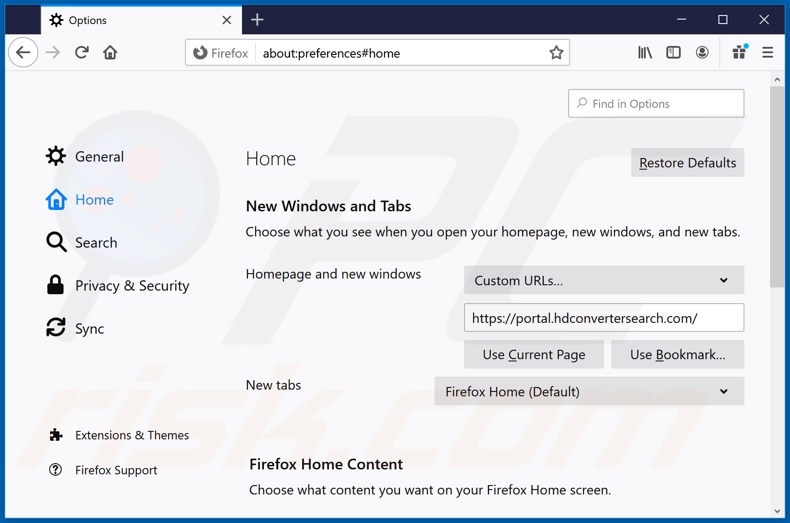 Removing hdconvertersearch.com from Mozilla Firefox homepage