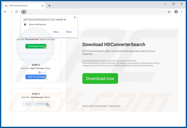 Website used to promote HDConverterSearch browser hijacker (Chrome)
