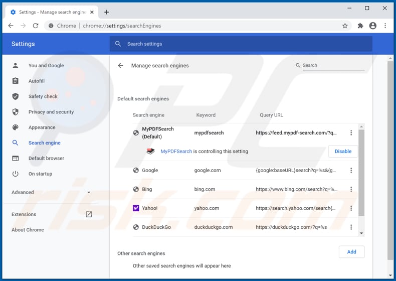 Removing mypdf-search.com from Google Chrome default search engine