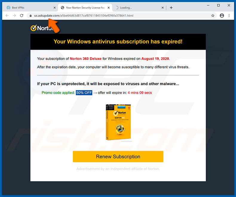 Una variante di Norton Subscription Has Expired Today mostrata dal sito us.askupdate.com