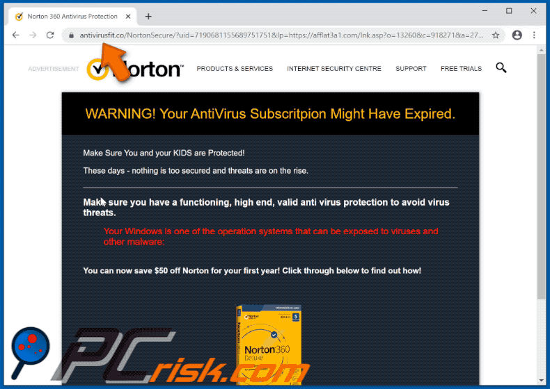 Una variante di Norton Subscription Has Expired Today mostrata dal sito antivirusfit.co