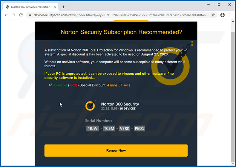 Una variante di Norton Subscription Has Expired Today mostrata dal sito devicesecurityscan.com
