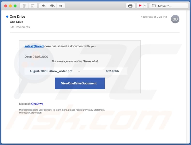 Falso OneDrive campagna di spam e-mail