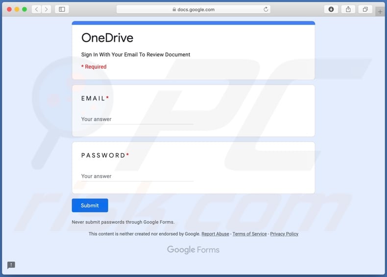 OneDrive email scam Screenshot della falsa pagina di accesso / verifica, progettata per raccogliere le credenziali dell'account di posta elettronica immesso