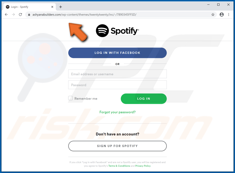 Screenshot del falso sito Web di accesso a Spotify (ashyanabuilders[.]com)