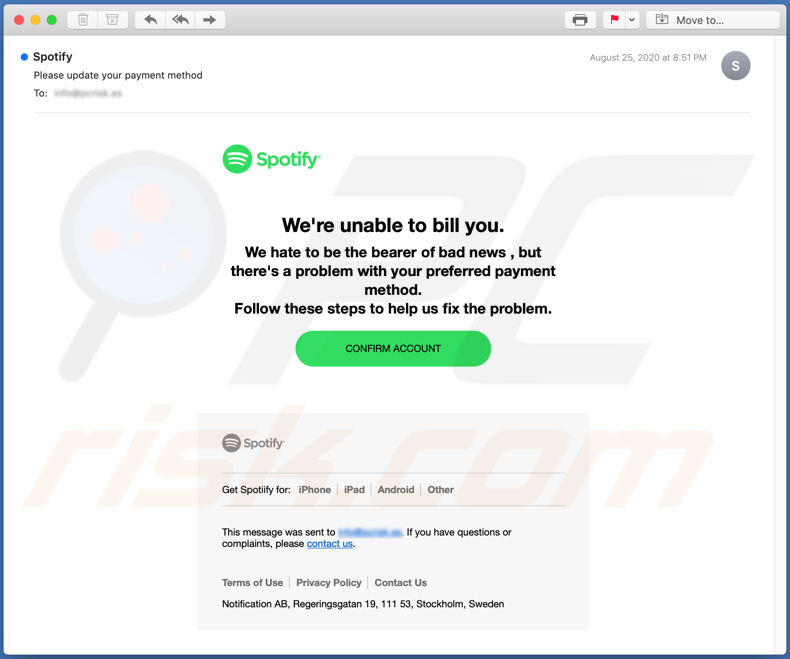 Spotify Email Scam campagna di spam e-mail