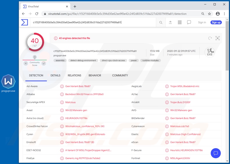 Rilevamenti di malware BLADABINDI su VirusTotal