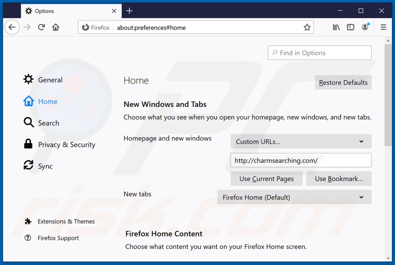 Removing charmsearching.com from Mozilla Firefox homepage