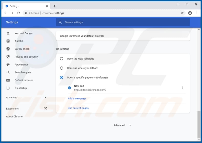 Rimozione di directsearchapp.com dalla home page di Google Chrome
