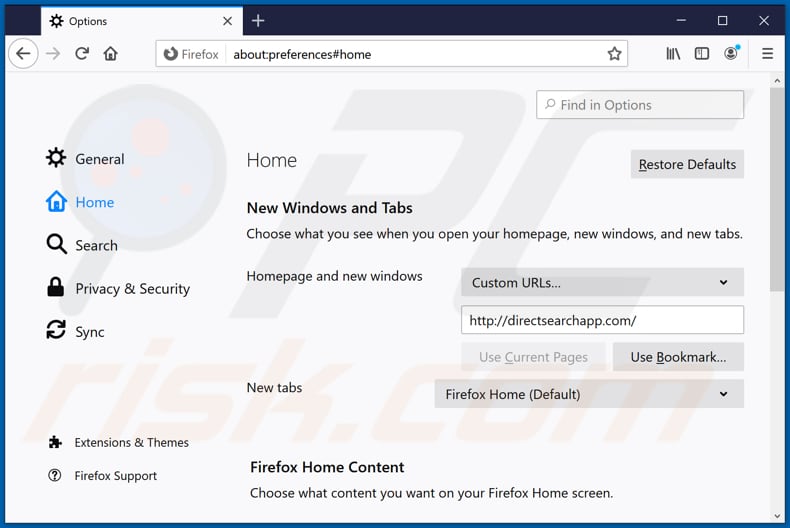 Rimozione di directsearchapp.com dalla home page di Mozilla Firefox