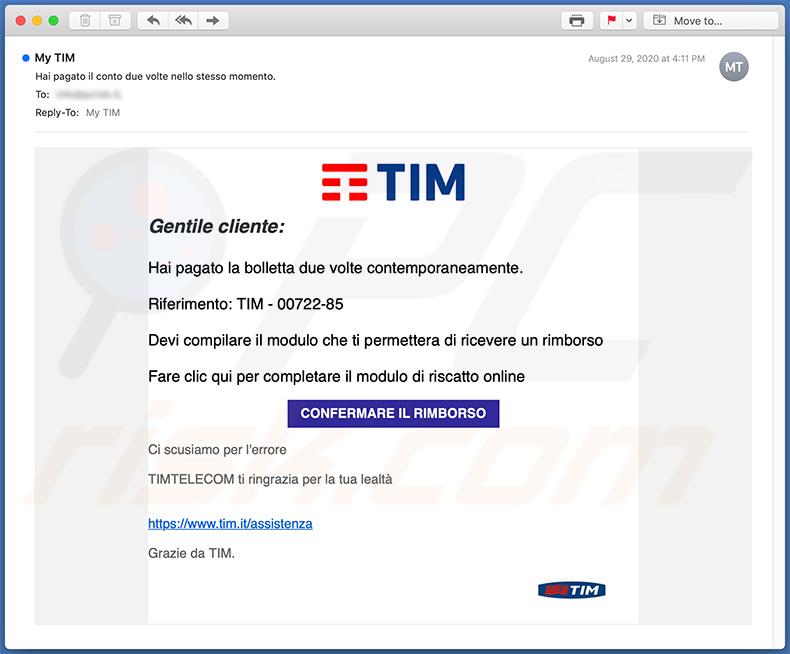 Email italiana di spam utilizzata per scopi di phishing