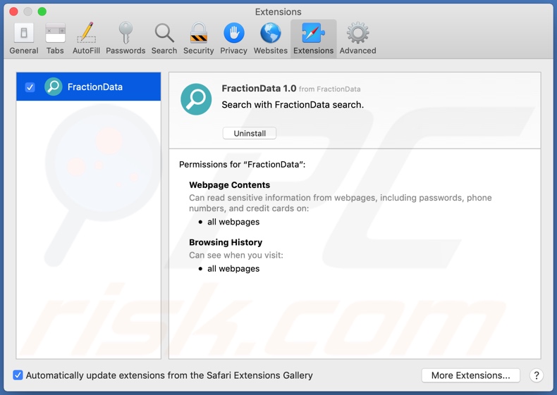 FractionData adware installed onto Safari