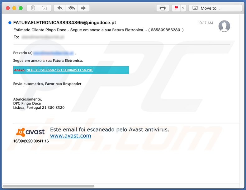 Esempio di un'altra email di spam a tema fattura consegnata in lingua portoghese (2020-09-16)