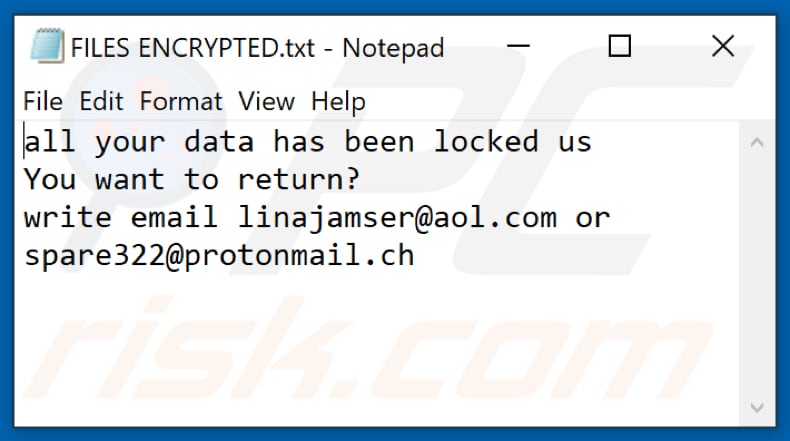 Lina ransomware text file (FILES ENCRYPTED.txt)