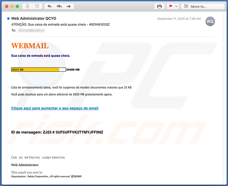 Email di spam a tema quota di posta portoghese