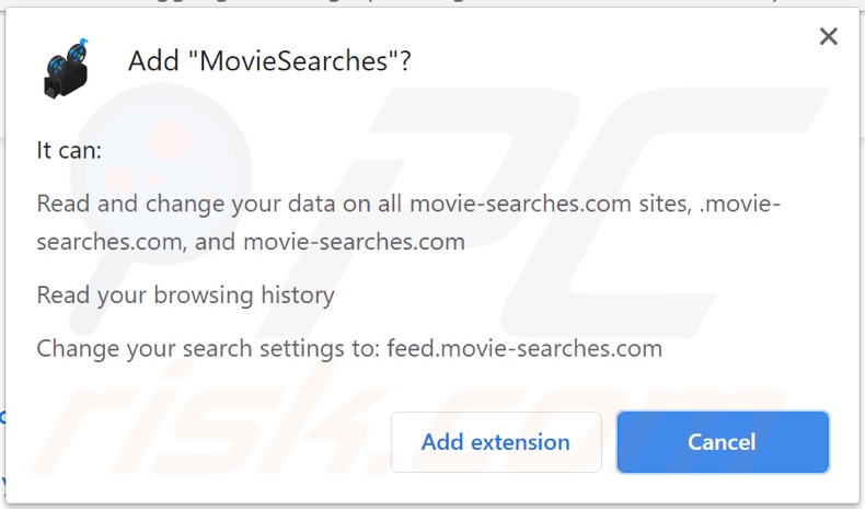 MovieSearches browser hijacker asking for permissions