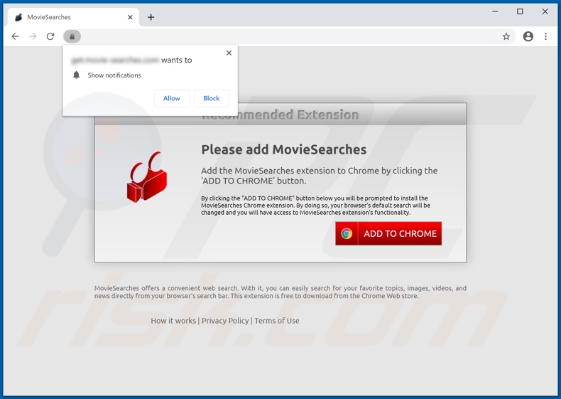 Website used to promote MovieSearches browser hijacker