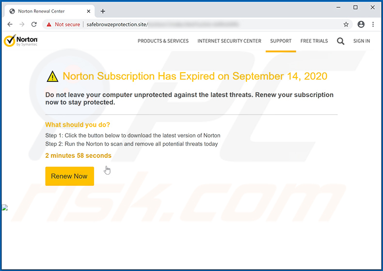 Una variante di Norton Subscription Has Expired Today mostrata dal sito safebrowzeprotection.site