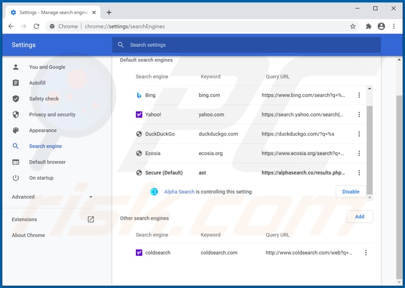 Rimozione di alphasearch.co dal motore di ricerca predefinito di Google Chrome