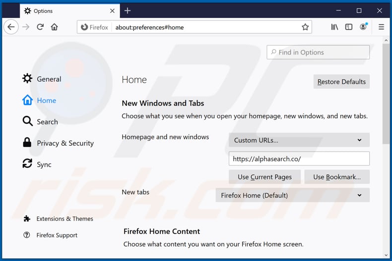 Rimozione di alphasearch.co dalla home page di Mozilla Firefox