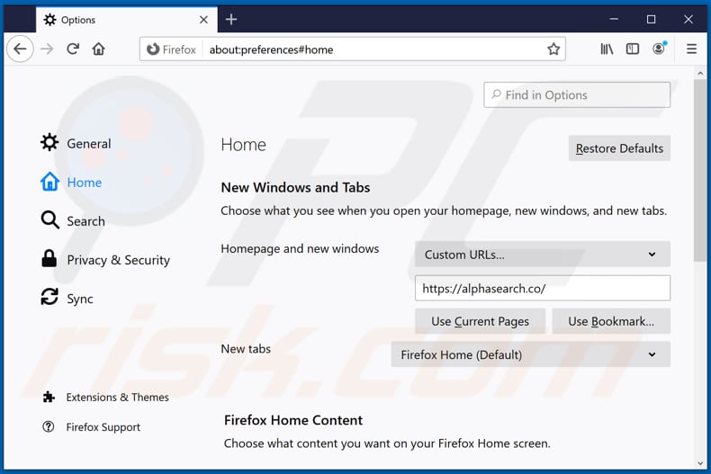 Rimozione di alphasearch.co dalla home page di Mozilla Firefox