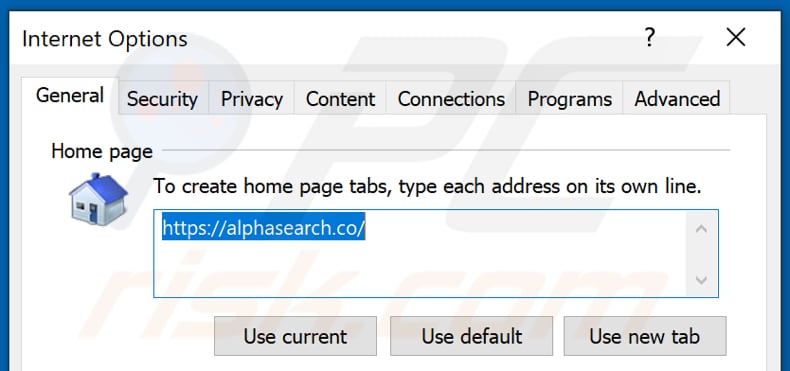 Rimozione di alphasearch.co dalla home page di Internet Explorer