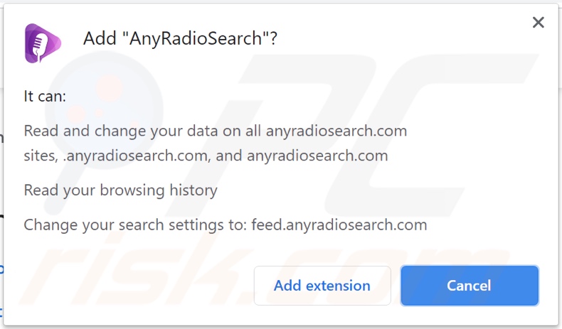 AnyRadioSearch browser hijacker asking for permissions