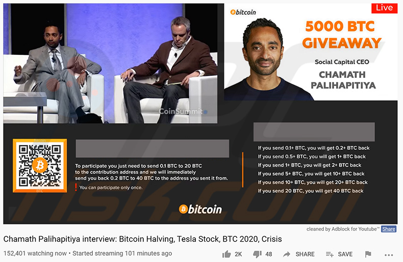 Video a tema Chamath Palihapitiya che promuove la truffa Giveaway di BTC