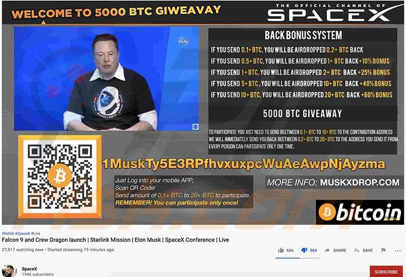 Video a tema Elon Musk che promuove la truffa Giveaway di BTC