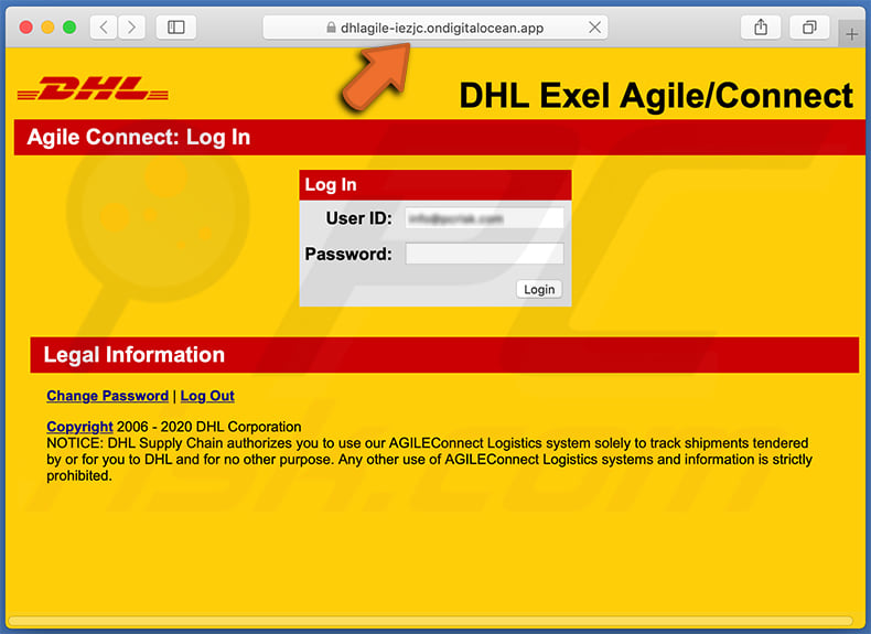 DHL Express Screenshot del sito di phishing promosso
