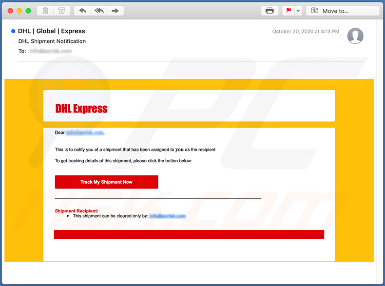 Una variante dell'e-mail di spam a tema DHL Express utilizzata per promuovere un sito Web di phishing (2020-10-26)