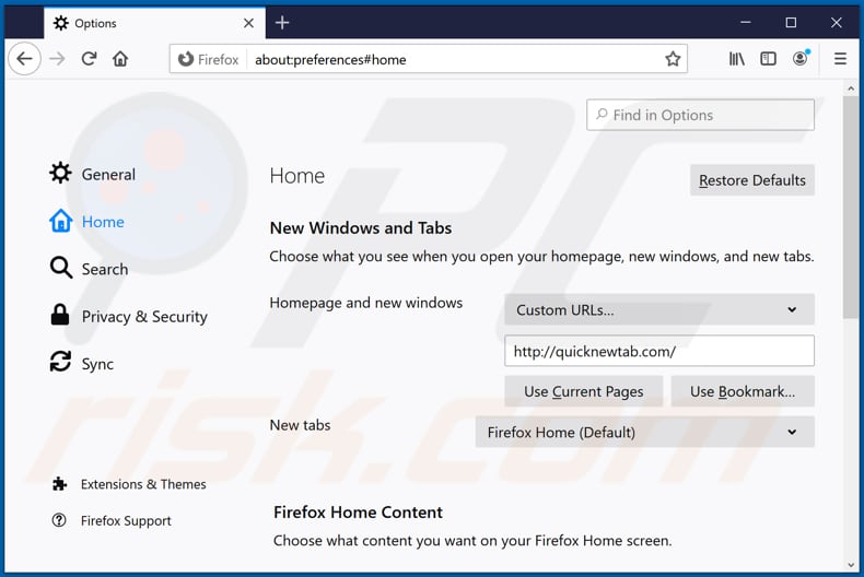 Rimozione di quicknewtab.com dalla home page di Mozilla Firefox