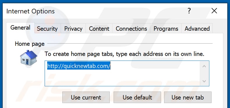 Rimozione di quicknewtab.com dalla home page di Internet Explorer