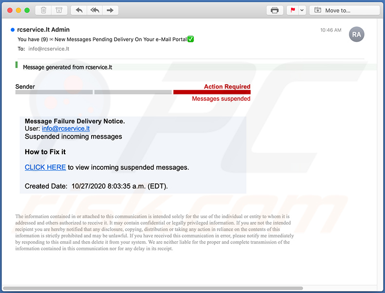 E-mail di spam utilizzata per promuovere il sito Web di phishing (2020-10-27)