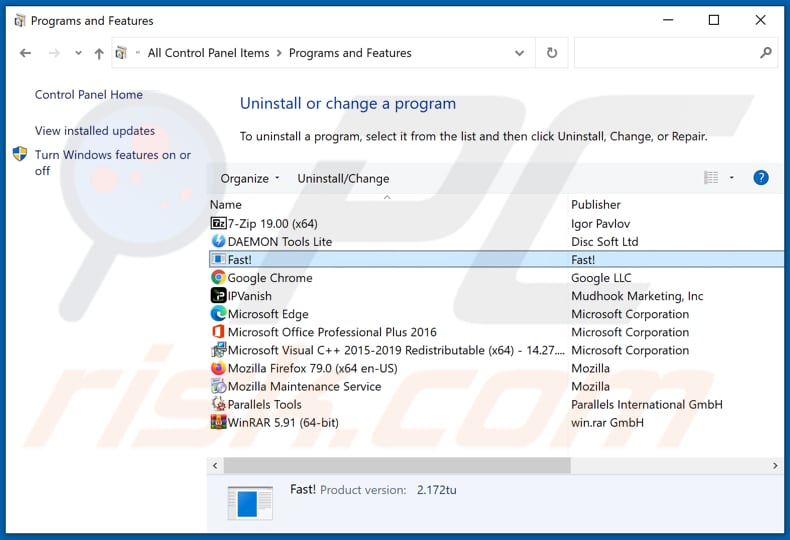 Fast! disinstallazione dell'adware tramite il Pannello di controllo