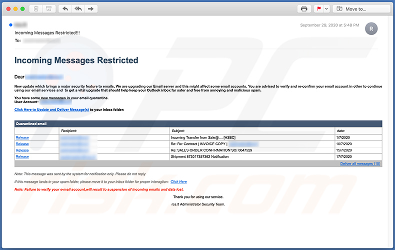 Email di spam a tema quota di posta (05/10/2020 - campione 1)