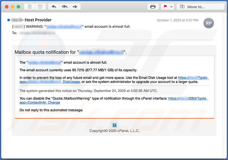 Email di spam a tema quota di posta (05/10/2020 - campione 2)
