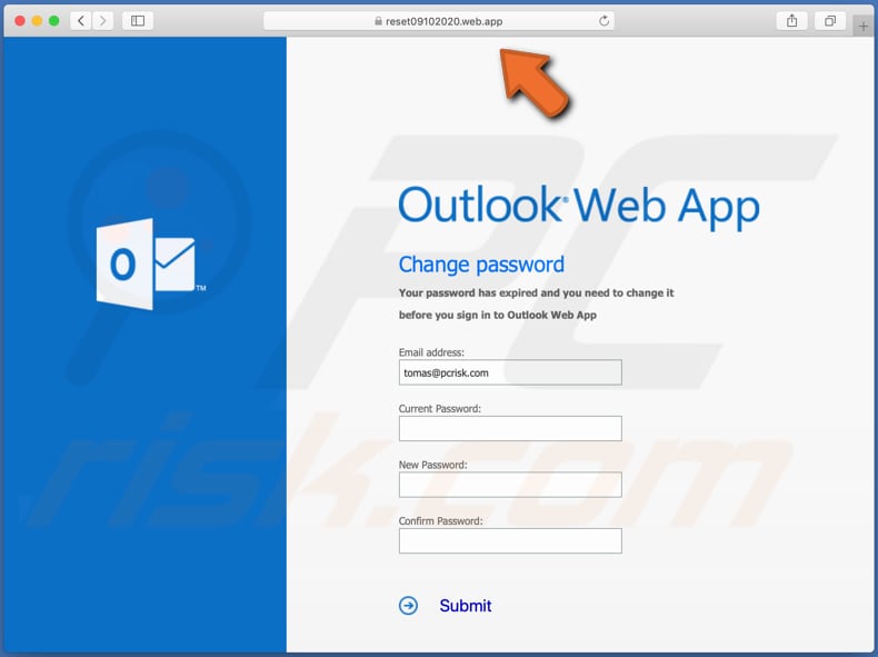 Screenshot del falso sito Web di accesso a MS Office